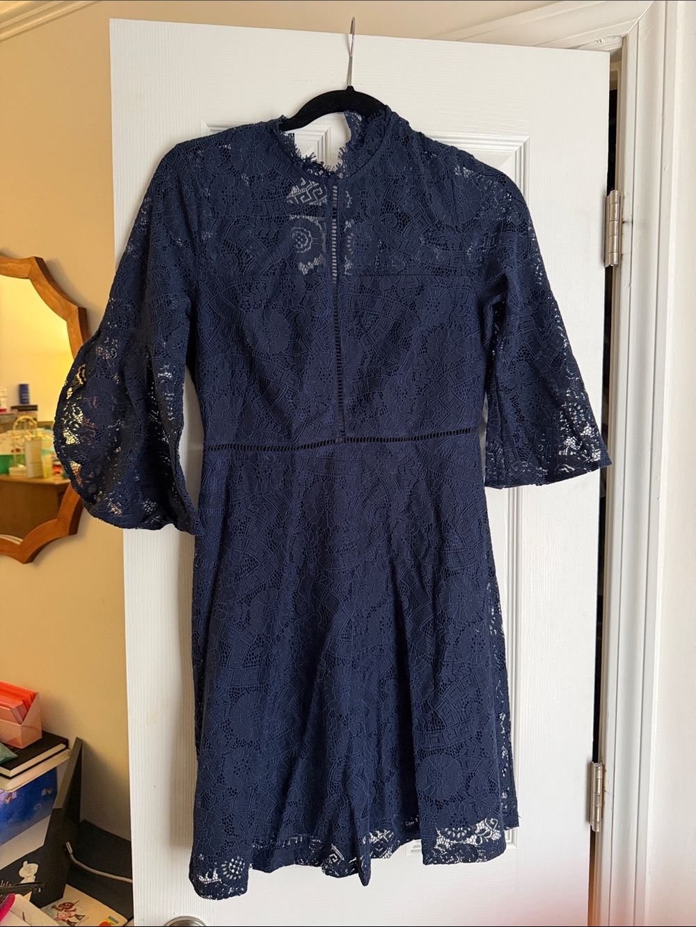 QED London Navy Lace Fit & Flare Mini Dress